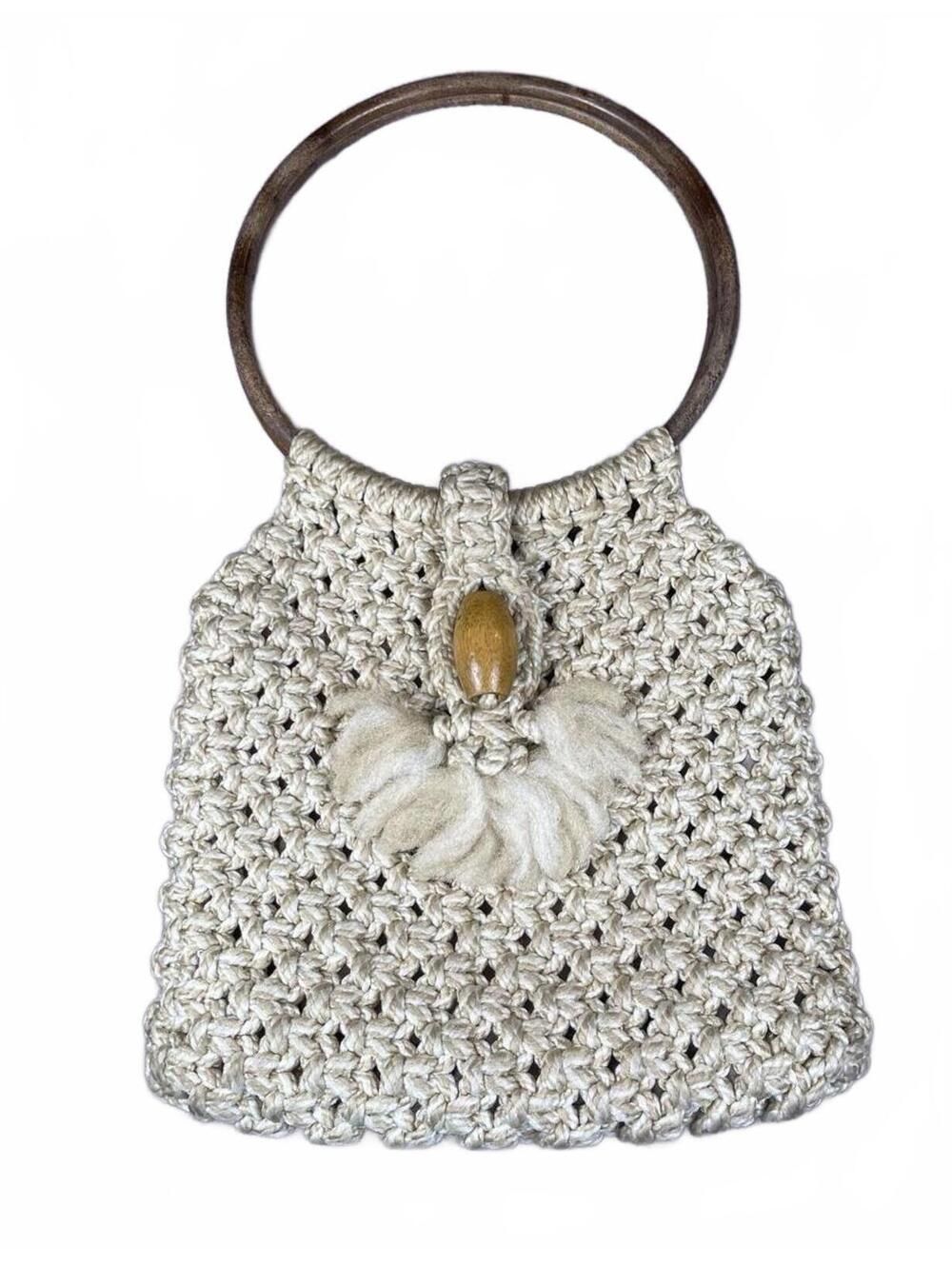 Handmade Cream Crochet Handbag with Wooden Handles-Flower Child